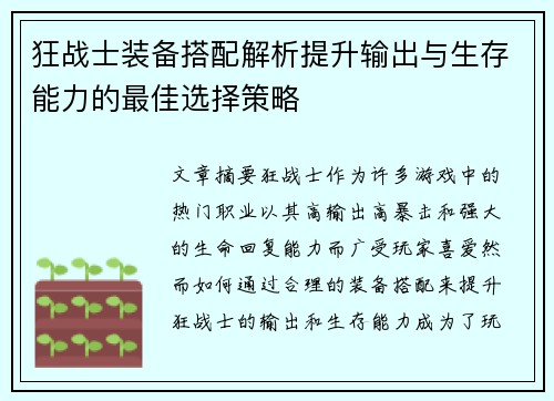 狂战士装备搭配解析提升输出与生存能力的最佳选择策略
