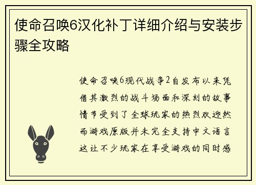 使命召唤6汉化补丁详细介绍与安装步骤全攻略